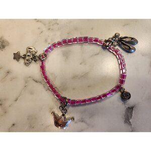 Pink Beaded Charm Bracelet With Silver Princess Flower & Dance Charms